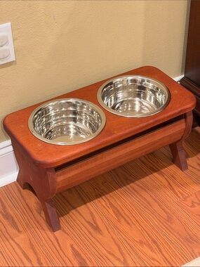 Wooden Dog Water and Food Bowls Feeder Stand